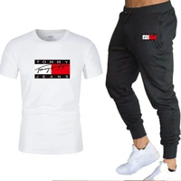 mens casual sportswear round neck t shirt pants fitness sports two piece solid color fashion printing 2021 autumn and winter