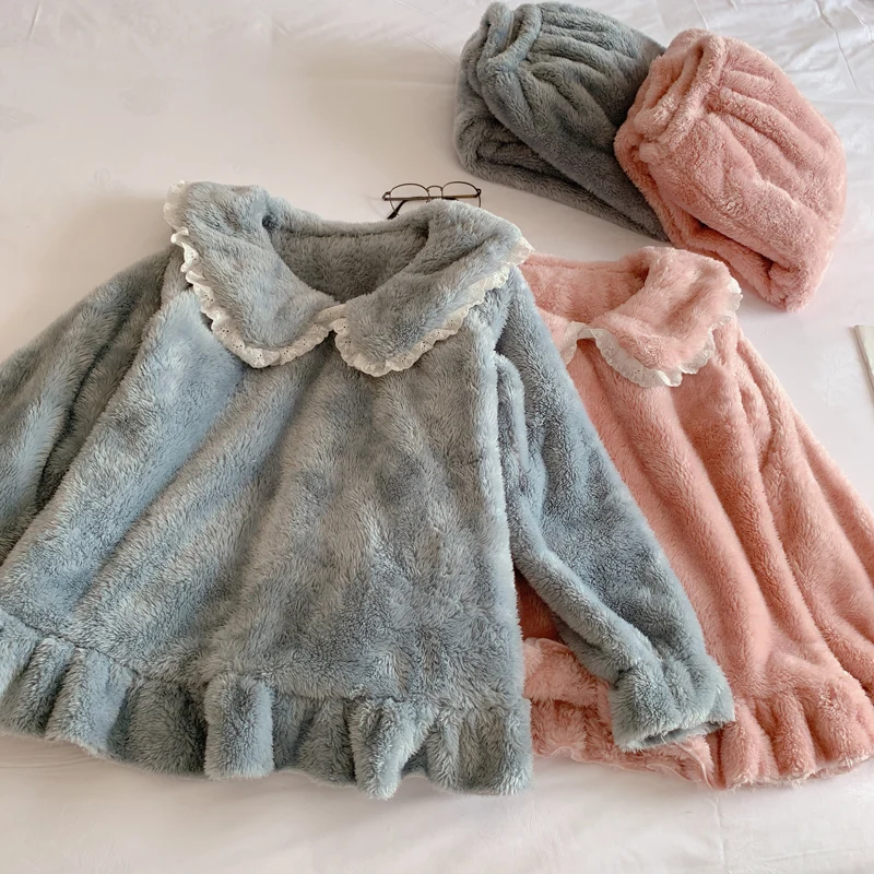 

Women's Pajamas Autumn and Winter Coral Fleece Two-Piece Suit Fog Blue Cute Flannel Thickened Spring Can Be Outerwear Homewear