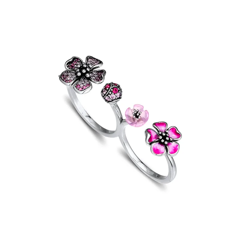 

Pink Enamel Peach Blossom Flowers Open Christmas Gift Birthday Friends Cute 100% Real 925 Sterling Silver Rings for Women