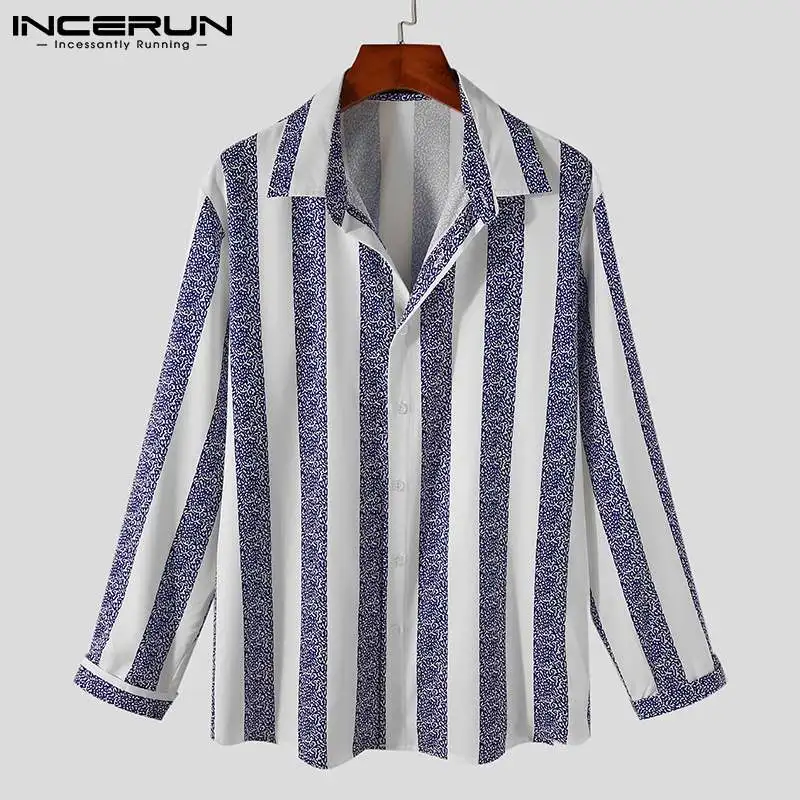 

Man Leisure Turn Down Collar Camisa Streetwear INCERUN 2021 Spring Men Striped Long Sleeve Shirt Casual Buttons Loose Blouse 5XL