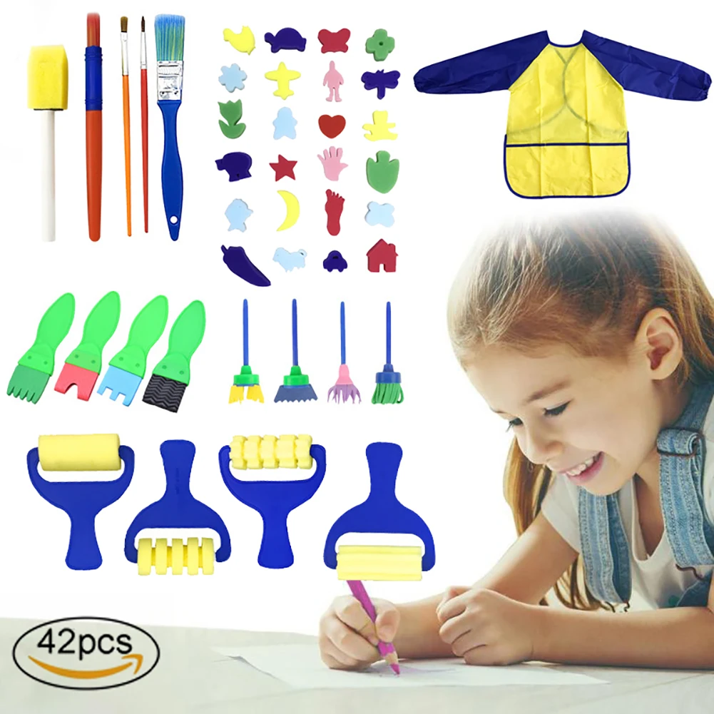 

42PCS Early Learning Kids Painting Kit Sponge Painting Brushes Drawing Paint Tools With Waterproof Painting Smock Apron For Kids