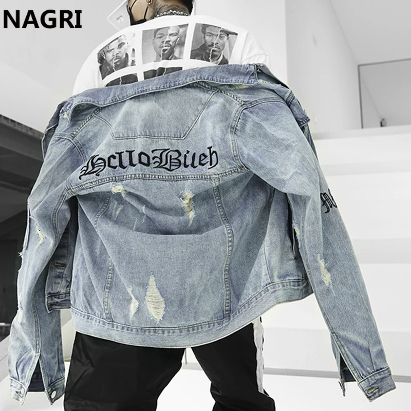 Джинсовая куртка мужская рваная уличная одежда в стиле панк рок рваные джинсы