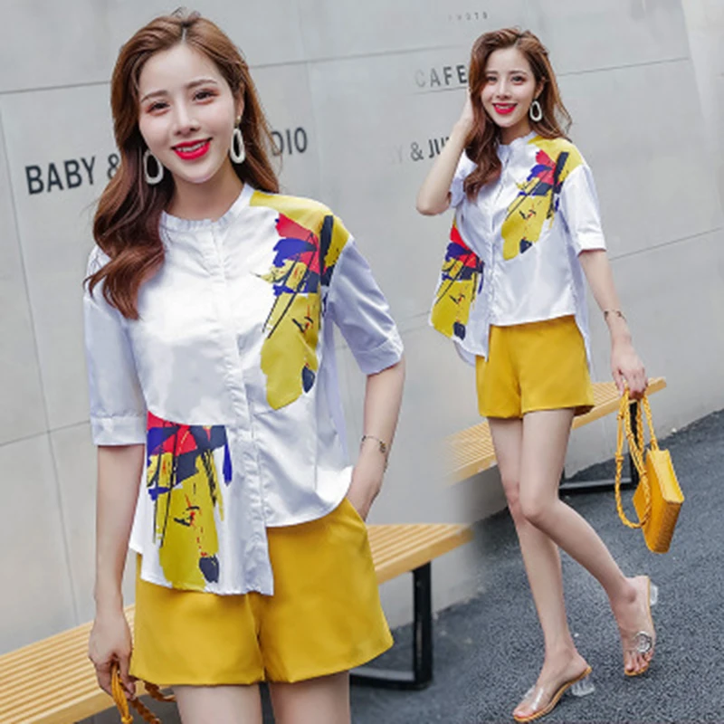 

Ropa Sexy Irregular Set Summer Short Two-piece Women's Button-down Breasted Loose Shirt Top + Yellow Shorts Women Fashion Set