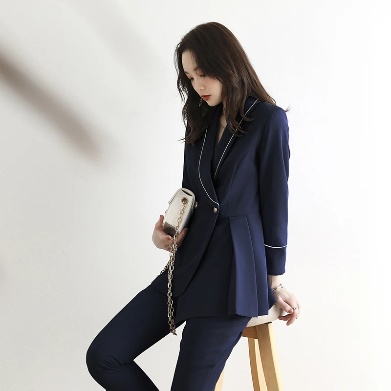 

Женский офисный костюм из двух предметов, блейзер и брюки на пуговицах, жакет и прямые брюки, женский костюм, осенний костюм vs439