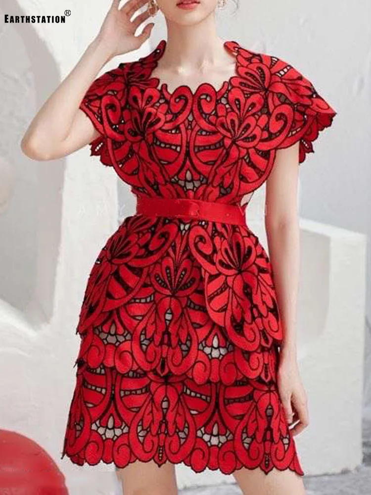 

Женское кружевное платье-накидка, многоуровневое ажурное платье с квадратным вырезом, высокой талией и бандажным поясом на лето