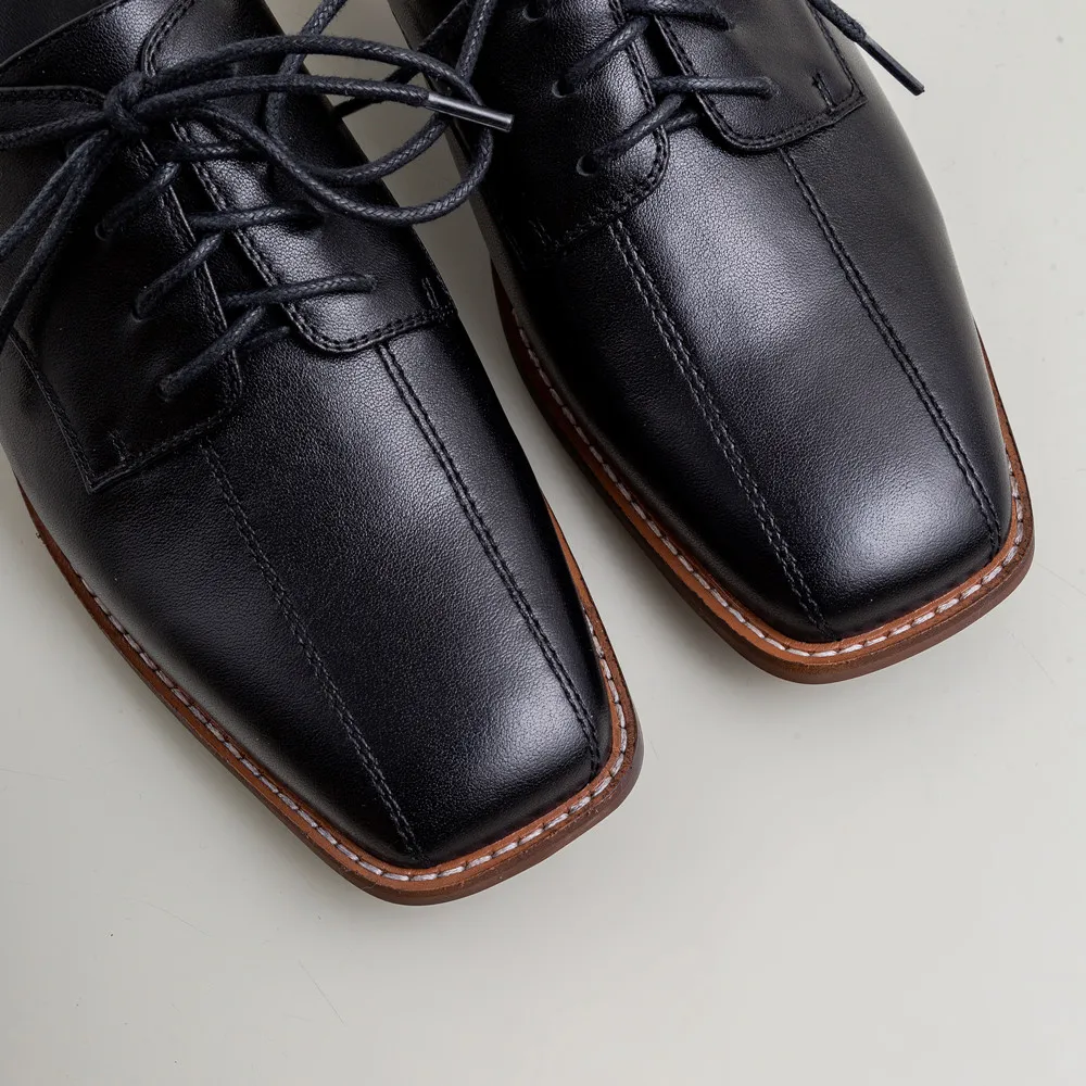

2021 Spring new women's genuine leather lace-up slip-one flats mules square toe casual slides high quality soft comfortable shoe