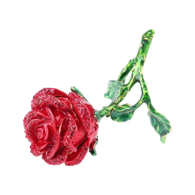 

Rose Flower Figurine with Rhinestone Crystal Ornament - Jewelry Hinged Box (red) P0RF