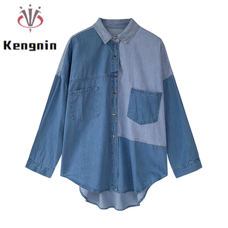 Женская джинсовая рубашка с длинным рукавом Повседневная Свободная блузка в