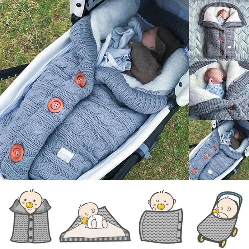 

Autumn Winter Newborn Baby Stroller Sleeping Bag Outdoor Knitted Button Swaddle Wrap Wool Plush Thick Quilt