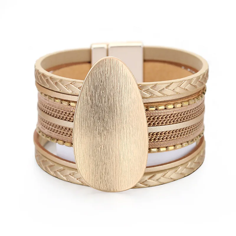 

Fashion Bangles Metallic PU Leather Magnetic Clasp Multi-Layer Bracelets For Women Gift Wedding Boho Dress Jewelry Accessories