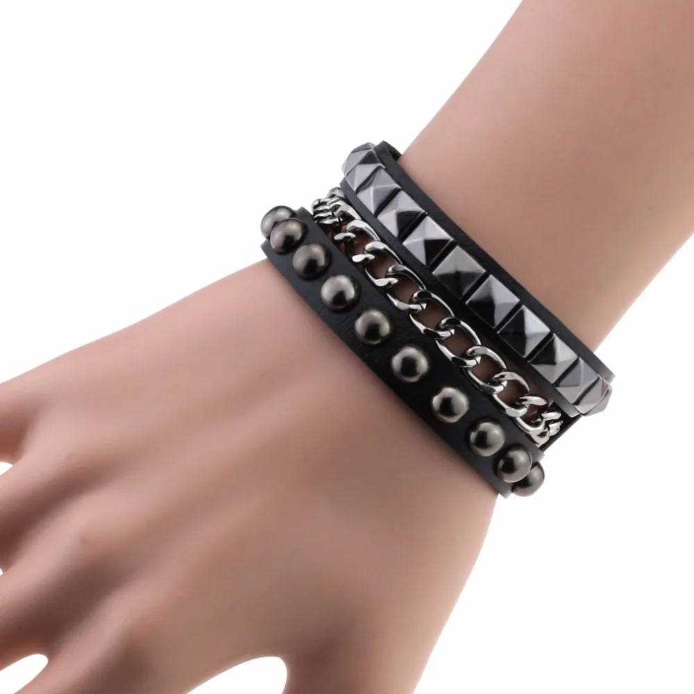 

Multilayer Rock Punk Spikes Rivet Chains Bracelets Gothic Wide Cuff Leather Bracelets Bangles For Men Women Fashion Jewelry Gift