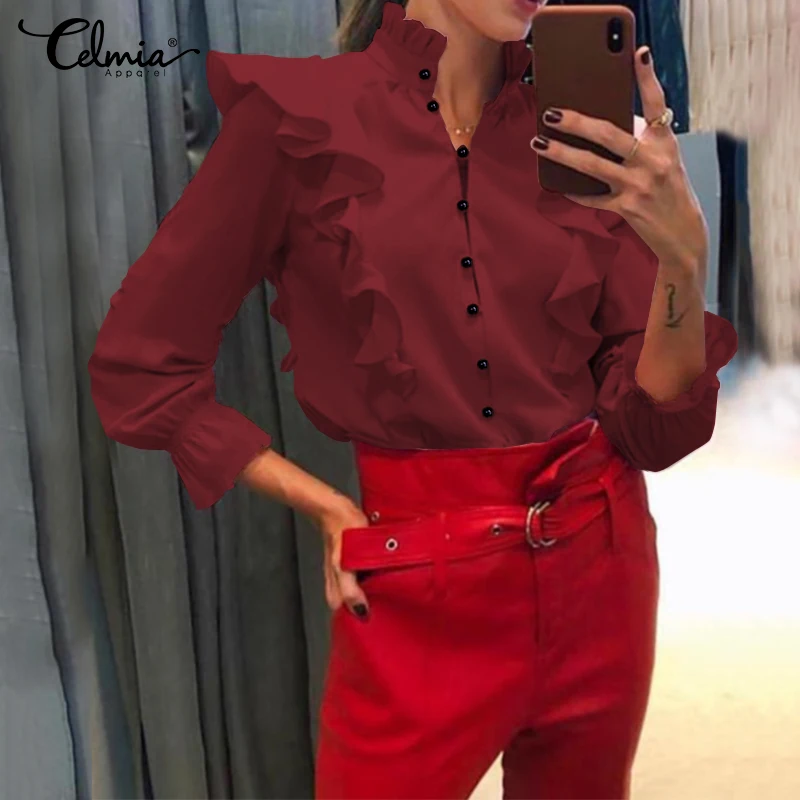 Женская Осенняя блузка Celmia 2021 элегантный топ с воротником-стойкой и длинным