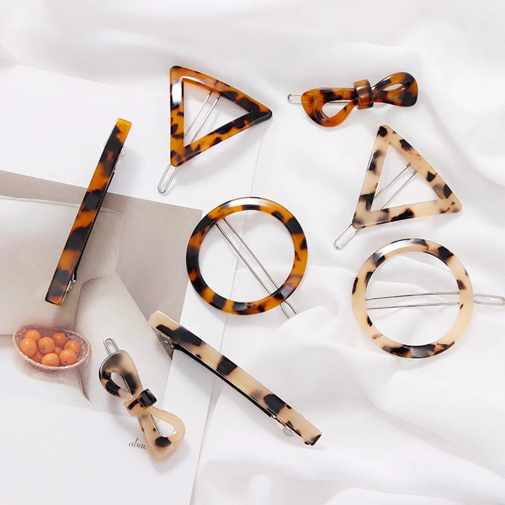 

Acrylic Hair Clips Amber Leopard Heart Shape Women Hairpins Geometric Round Triangle Hairpin Women Girls Hair Acccessories