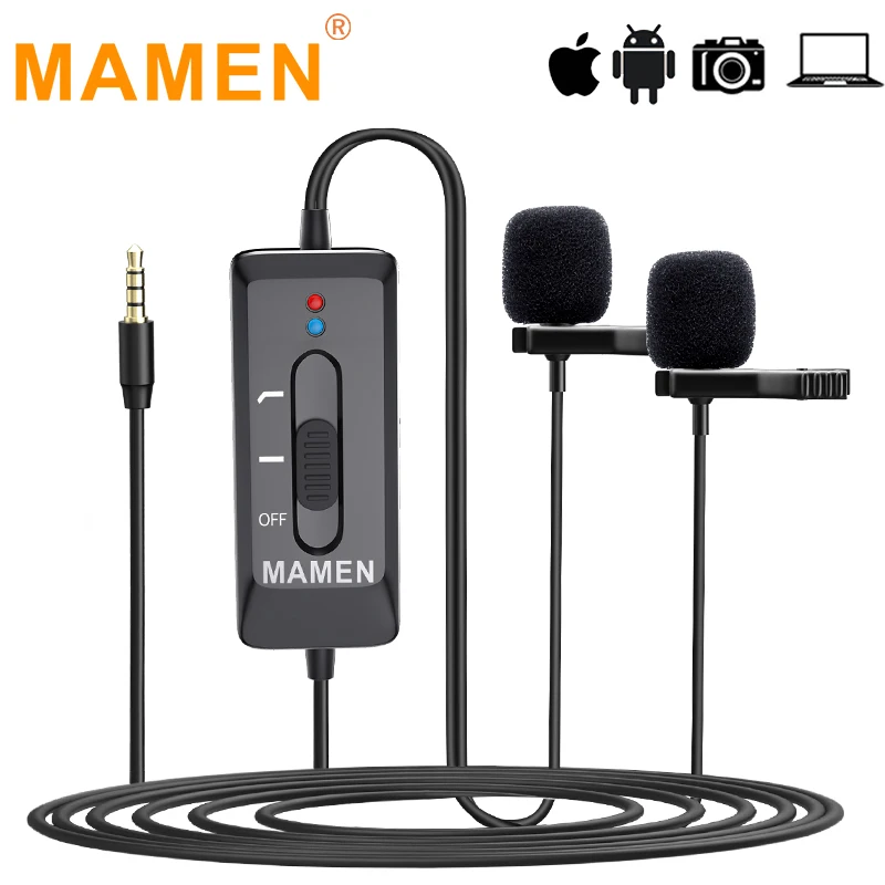 

Компактный петличный микрофон MAMEN KM-D2 Pro 3,5 мм, профессиональный микрофон с двойным микрофоном для смартфона, камеры, записывающего микрофон...