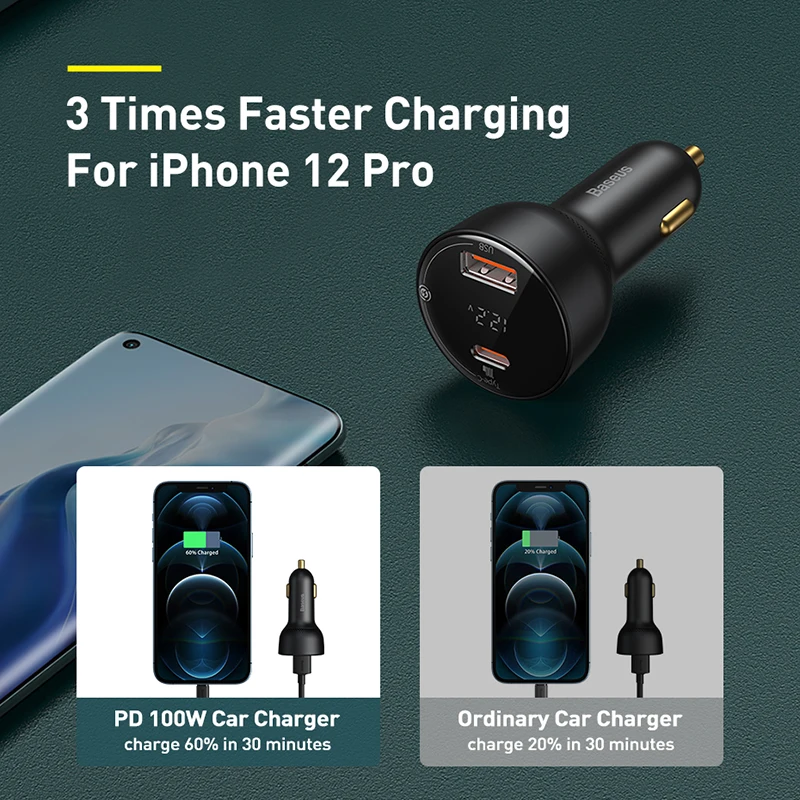 baseus pd 100w car charger quick charge qc4 0 qc3 0 pd 3 0 fast charging for iphone 12 pro max samsung xiaomi car phone charger free global shipping