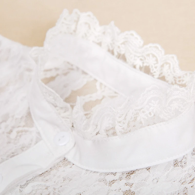 

Women Decorative Ruffles Stand False Collar Dickey Hollow Out Sheer Floral Lace Button Down White Detachable Half Shirt