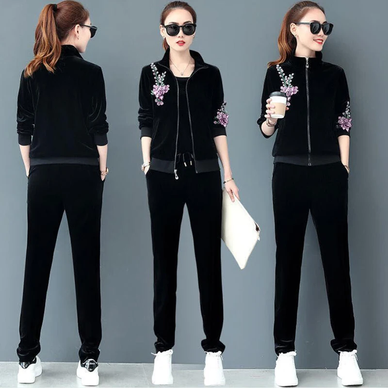 Women Velvet Tracksuits 2021 Print Hooded Jacket+Trousers Three Sets Gold Sportswear Suit Plus Size 4XL Female Pants Set |