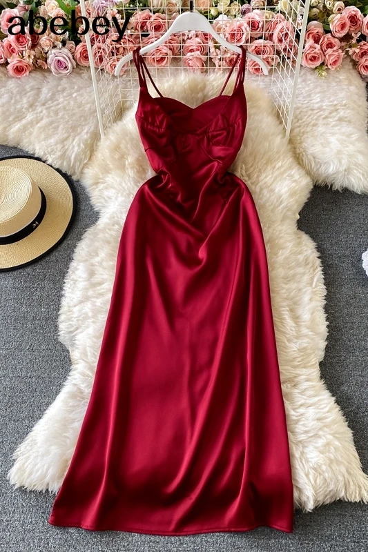 

Bohemian Sleeveless Backless Mid-Length Dress Sexy solid Party Dresses red A LIne Club Wear Vestidos