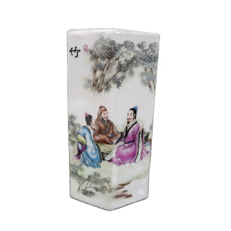 

China Old Porcelain Six Square Pen Holder With Figure Pattern Of Seven Sages In Pink Bamboo Forest