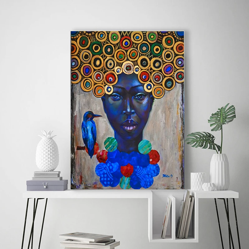 

Canvas painting for living room Circle and bird above African woman's head Posters custom print Room Decoration Wall Art paintin