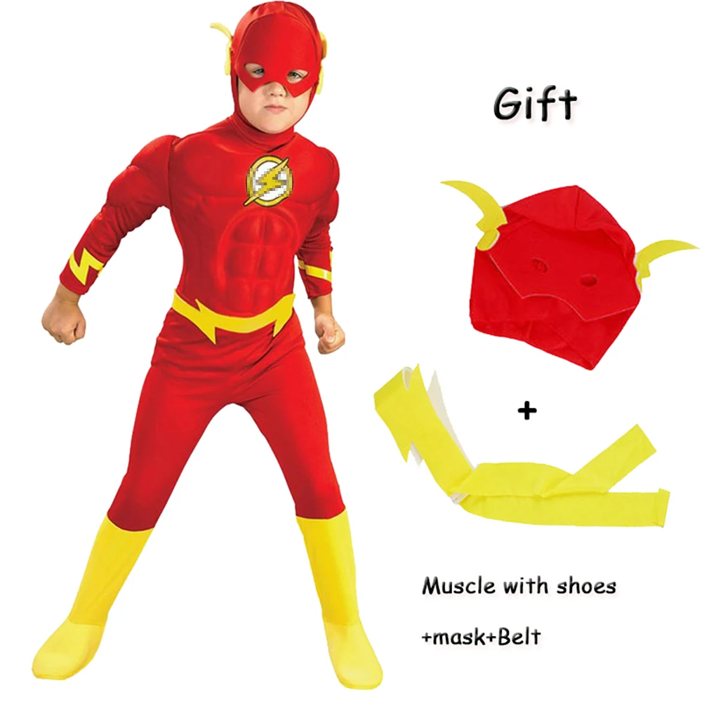 

3-12Y Halloween The Flash Cosplay Costume For Kids Super Heroes Fancy Dress Fantasia Costume Boys Muscle Clothing Mask Belt Set