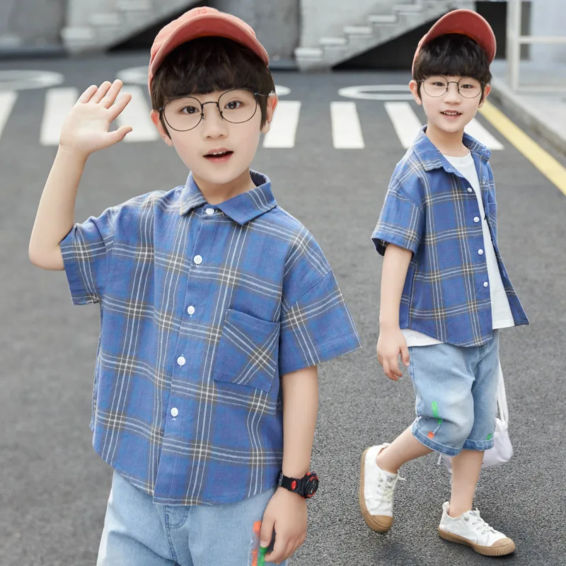

New 2020 Boys Summer Short Sleeve Shirt Children's Tops Clothing Green Blue Plaid Shirts Cotton Kids Turn-down Collar Blouses