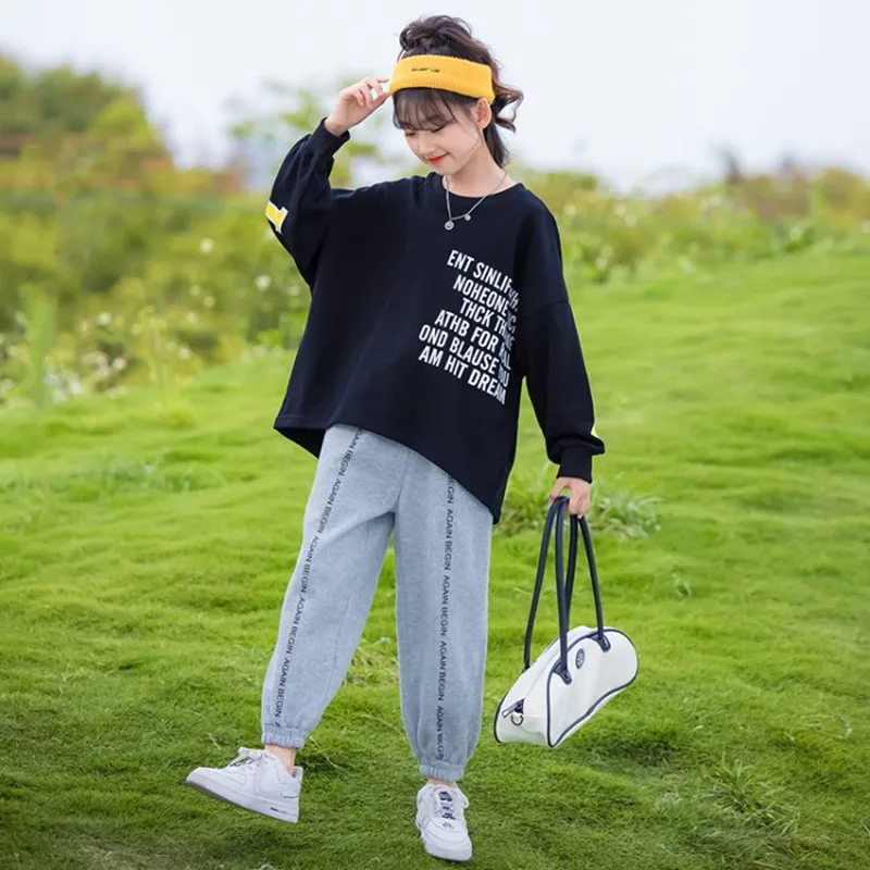 New Girls Clothes Set Teen Girls Tracksuit Spring Autumn Long Sleeve Letter T Shirt &Pants 2pcs Children Suits 6 8 10 12 14 Year