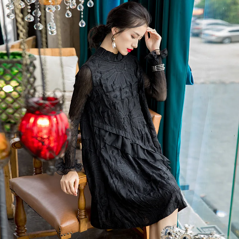 Женское плиссированное платье с вышивкой новое свободное большое