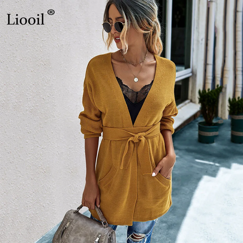 

Кардиган женский вязаный Liooil, с длинными рукавами, V-образным вырезом и карманами, однотонный, Осень-зима, 2020