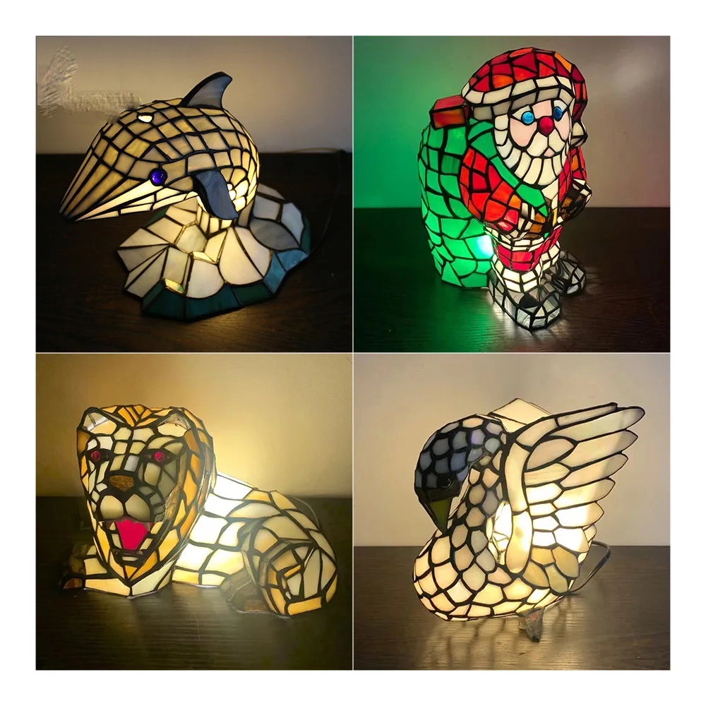

Tiffany Cat and Dog Animal Table Lamp Personality Bedroom Study Night Light European Style Lighting Home Creative decoration