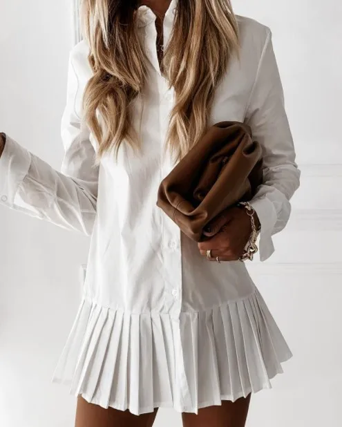 

Long Sleeve White Pleated Shirt Dress 2020 Women Casual Turn Down Collar Mini Dress Button Lady A Line Office Vestidos