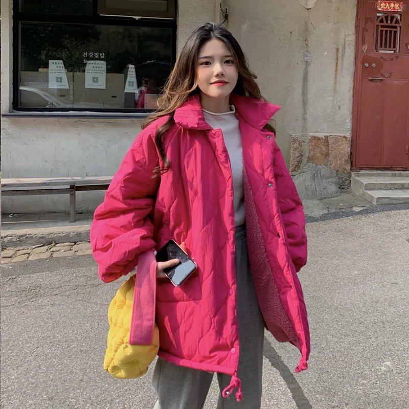 2021 Winter Cotton Padded Jacket Women Korean Retro Solid Color Fleece Fur Parka New Thick Warm Oversized Coat Female Outerwear