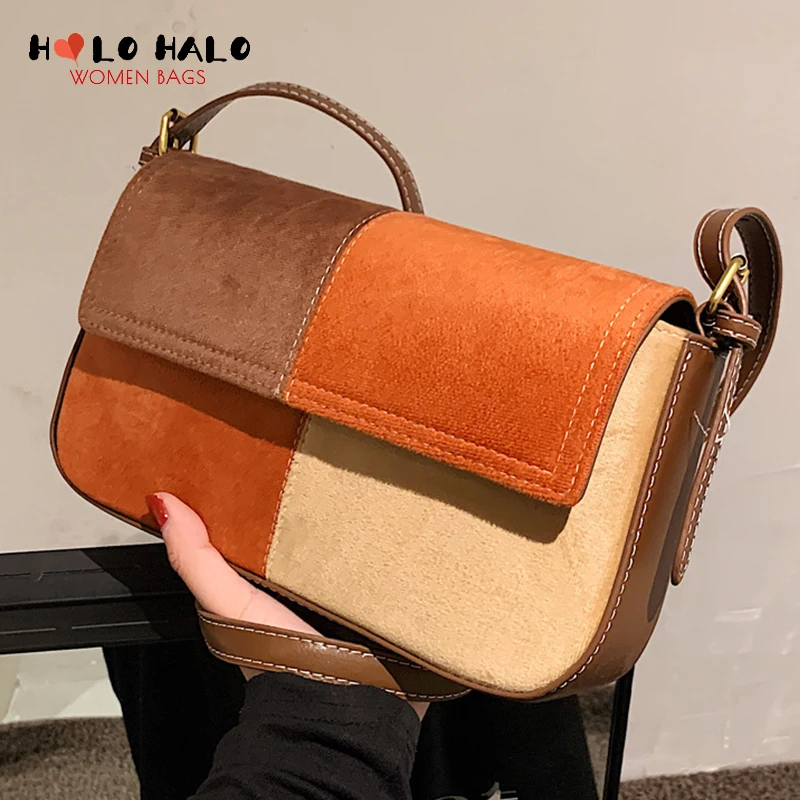 

Retro Female Shoulder Bags Casual Frosting Leather PU Crossbody Bags Simple Solid Color Contrast Half Moon Bags Women's Wallet