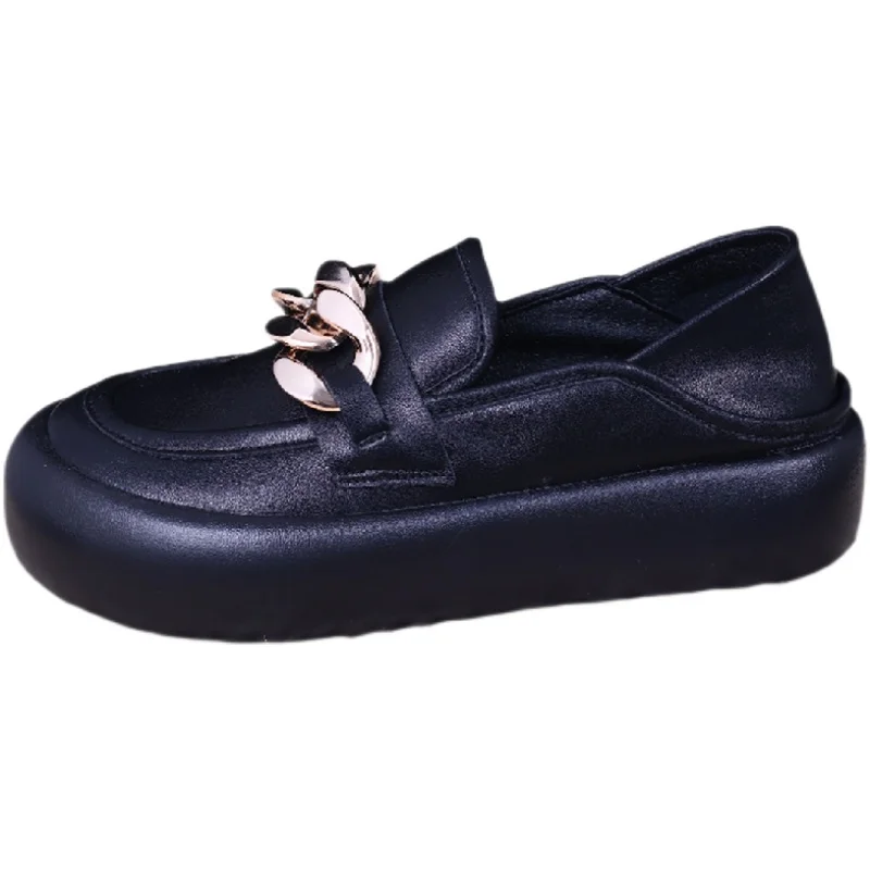 

Women's Shoes Platform Casual Female Sneakers Oxfords Genuine Leather Loafers With Fur Square Toe Slip-on Metal Chain British St