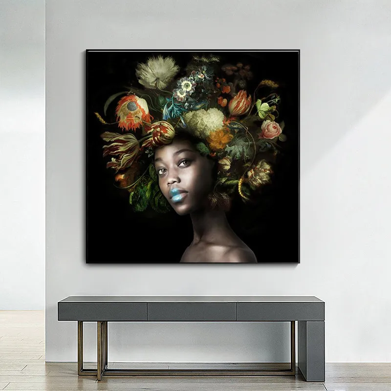 

African black woman head flower canvas art and poster art picture living room bedroom home decoration picture (no frame)