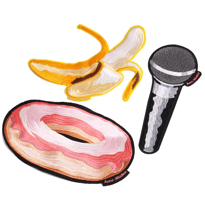 

embroidery banana patches for jackets,donut badges microphone appliques JW-251