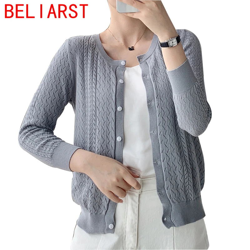 

BELIARST 2021 Spring Autumn New Cotton Round Neck Hollow Knit Cardigan Women's Short Loose Outer Thin Long Sleeve Small Jacket