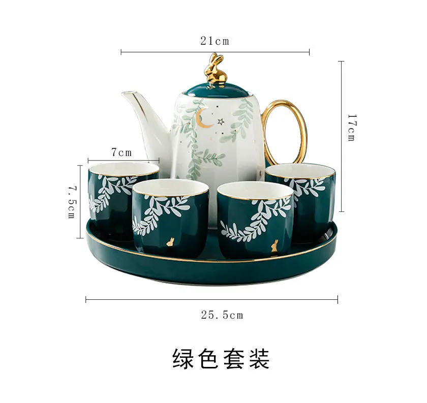 

Nordic dark green pastoral ceramic tea set home afternoon tea a pot of four cups living room teapot teacourse set