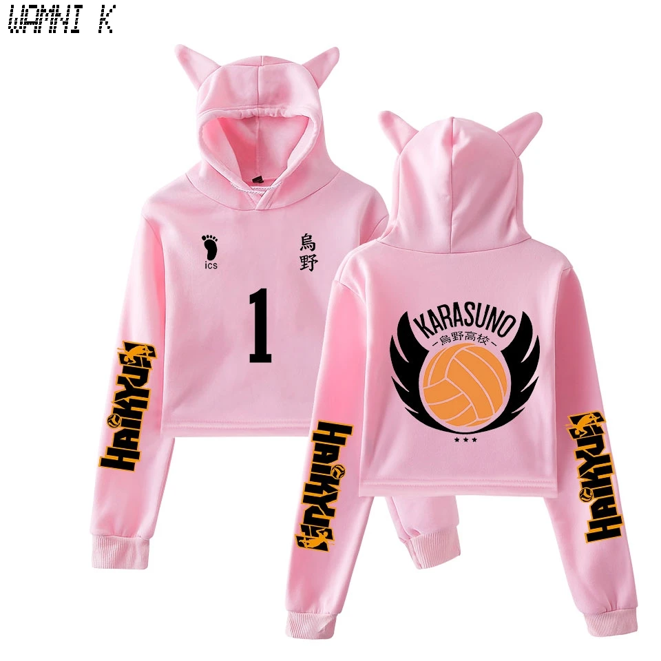 

Женские укороченные топы с капюшоном, толстовка Аниме Haikyuu, одежда для девочек Haikyuu! Женская толстовка с капюшоном и кошачьими ушками Haikyuu