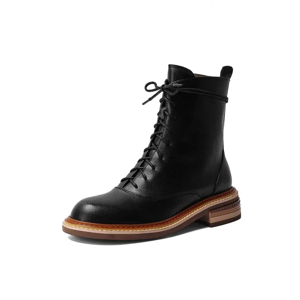 Jual Krazing Pot 2020 Ukuran Besar Kulit Asli Vintage Eropa Desain Round Toe Tebal Tumit Rendah Renda Pakaian Sehari-hari Pergelangan Kaki Sepatu L9f1