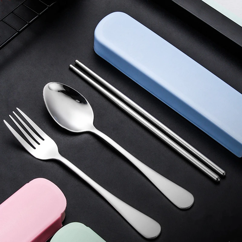 

3Pcs/Set Stainless Steel Dinnerware Spoon Fork Chopsticks Portable Outdoor Travel Western Tableware Kitchen Utensils with Box