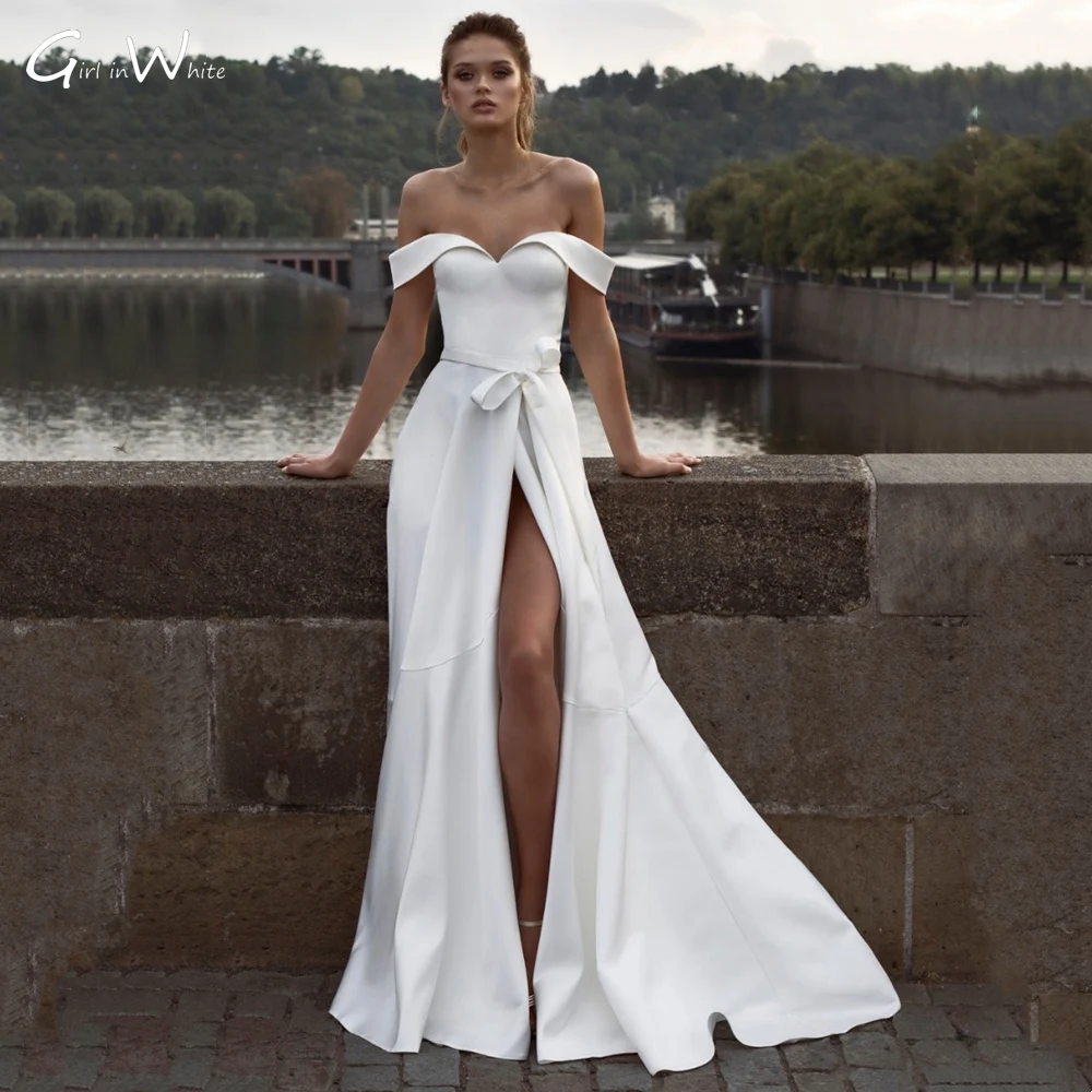 

Modern Chic Satin Wedding Dresses Off The Shoulder Sexy Slit Bridal Robes Sweetheart Wedding Gown Vestido De Novia Bride Gown