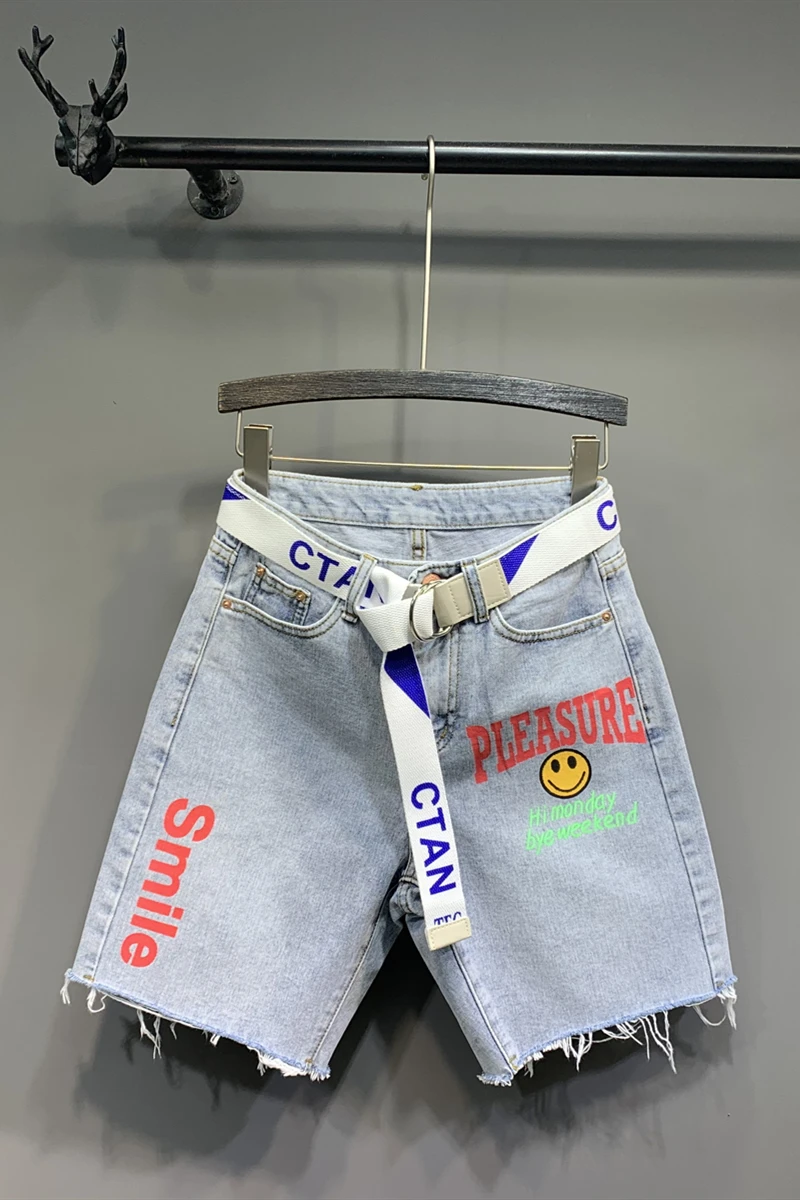 

Shorts Jeans Pantalones Sexy Women Denim Mujer Cortos Tassel Burr Hole smile face with belt DM001
