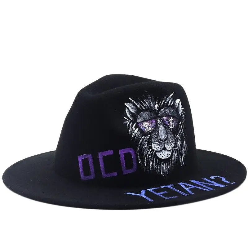 

Hand-Painted Animal Pattern 3D Painted Woolen Top Hat Flat Brim Felt Cap Autumn and Winter Dropshipping
