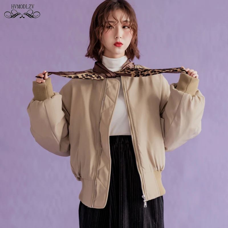 

Women Apricot Winter Down Cotton Jacket 2021 Spring New Long Sleeve Round Neck Fashion Splice Leopard Scarf Coat Female HJ195