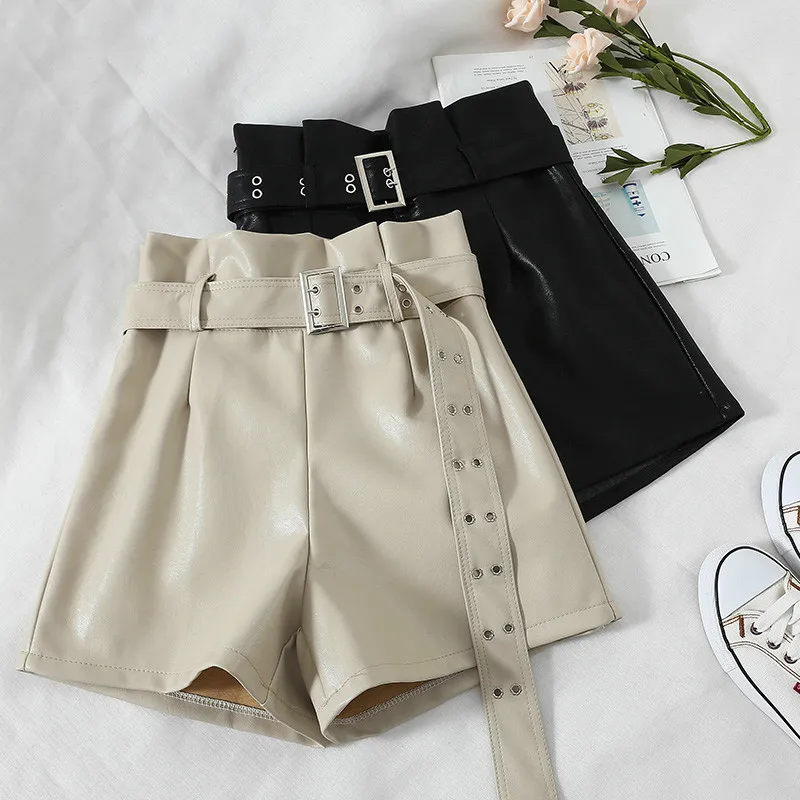 Модные женские кожаные шорты с высокой талией черный пояс широкие весна-осень