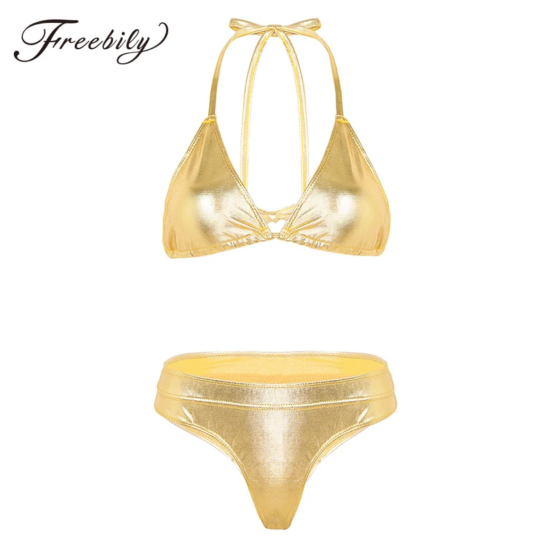 Women Sexy Shiny Metallic Swimsuit 2 Piece Triangle Bikini Set Halter Neck Top with Mid-rise Thongs Swimwear Bathing Suit |