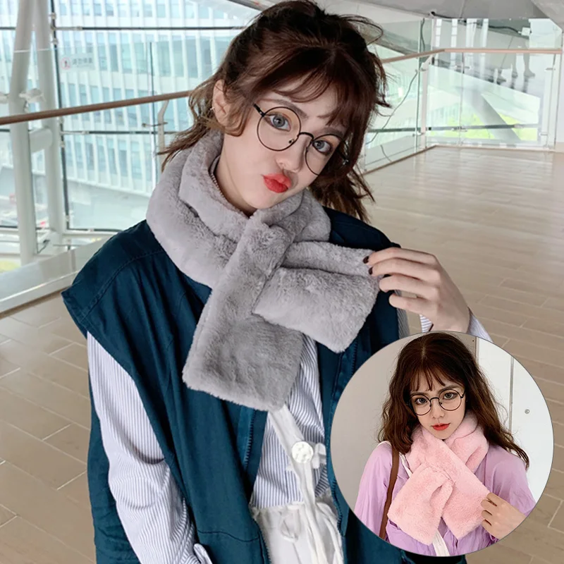 

Winter Warm Thicken Scarfs Cross Collar Scarf Women Faux Rabbit Imitation Fur Cute Fashion Scarf Cartoon Plush Scarf Gift