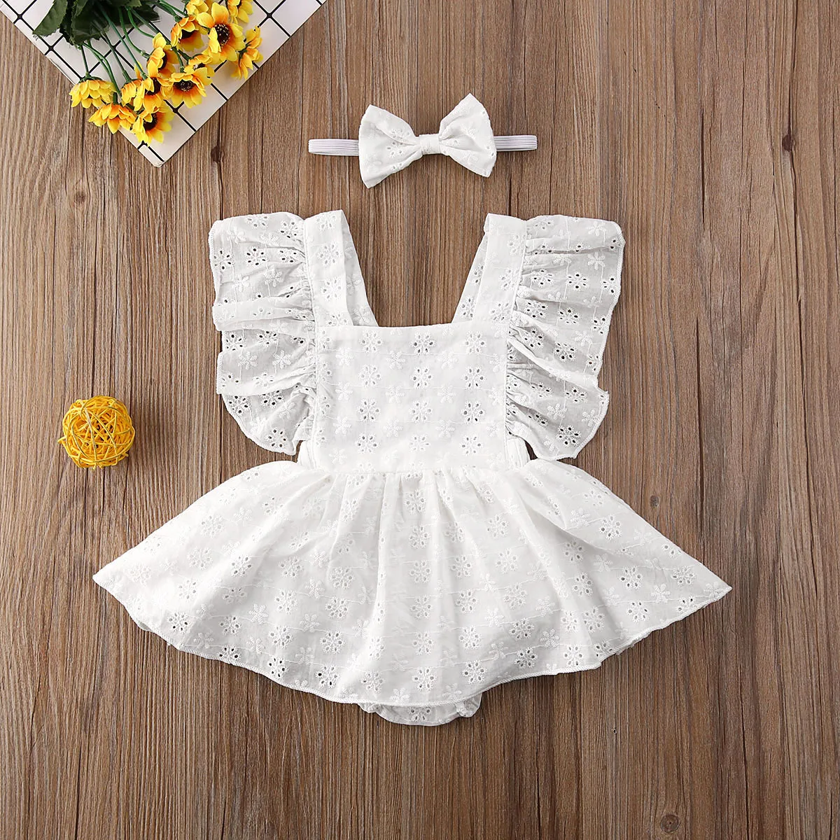 2021 Baby Summer Clothing 2PCS Newborn Kids Baby Girl Clothes Lace Ruffled Romper Dress Floral Jumpsuit Solid White Outfits images - 6