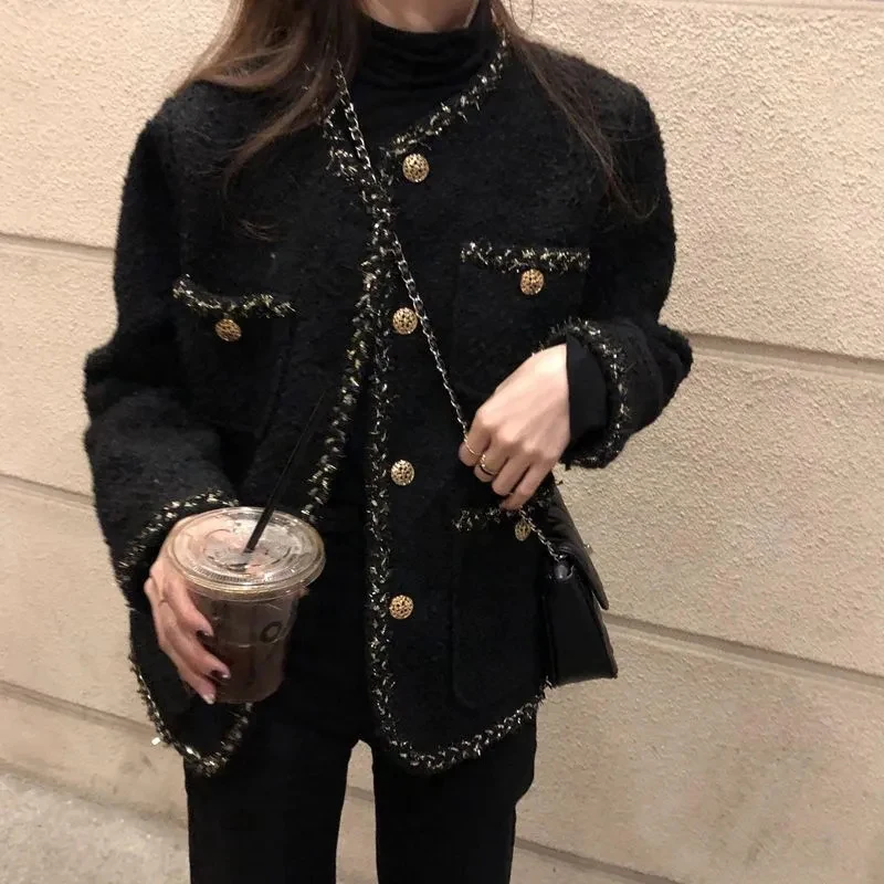 

Autumn Winter Vintage Black Tweed Jacket Women Streetwear Korean Single Breasted Woolen Coat Elegant Loose Long Sleeve Outerwear